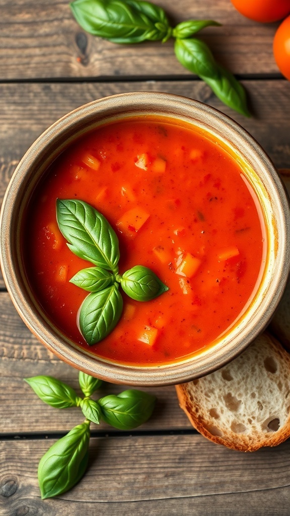 Classic Tomato Basil Soup Recipe A bowl of tomato basil soup garnished with basil leaves and olive oil, served with crusty bread on a wooden table.